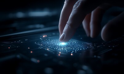 A hand gently touches a glowing interface, surrounded by shimmering particles, evoking a sense of digital interaction and technology.