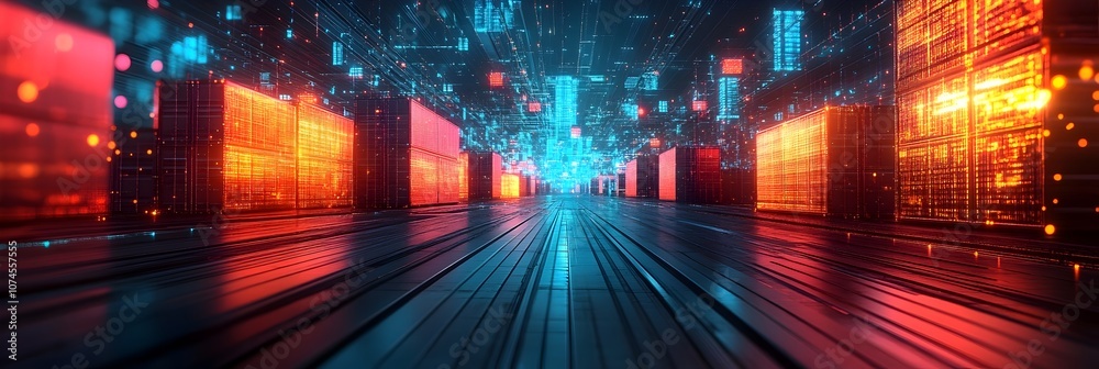 Poster Futuristic digital city cyber landscape with neon lights and matrix code. Abstract architectural 3D rendering of an advanced urban environment with a high-tech.