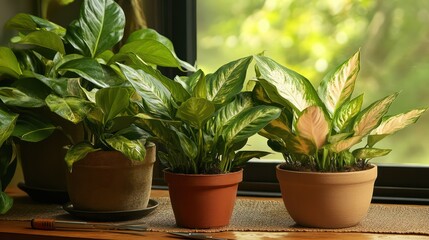 Obraz premium Indoor plants safe for pets, arranged on table, tools and greenery, warm background,