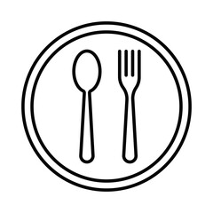Outline icon of a plate with fork and spoon, symbolizing dining. Editable stroke.