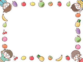 果物と子供の四角いフレーム2_手描き