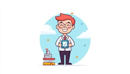 Cartoon character displays happy smile while holding design book and checking tasks in flat style