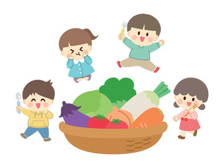 野菜と子供のイラスト_フラットデザイン