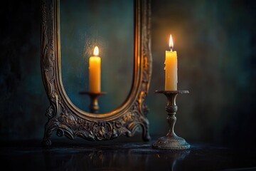 Ornate Mirror Reflecting a Burning Candle on a Candlestand