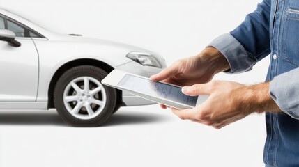 Auto technician reviewing car data on a tablet, isolated on white, ideal for modern repair service themes