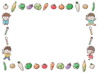 野菜と子供の四角いフレーム_手描き