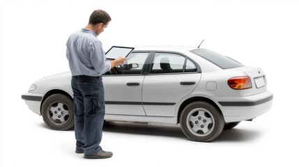 Auto technician using a tablet for car inspection, isolated on white, representing tech-enhanced repairs