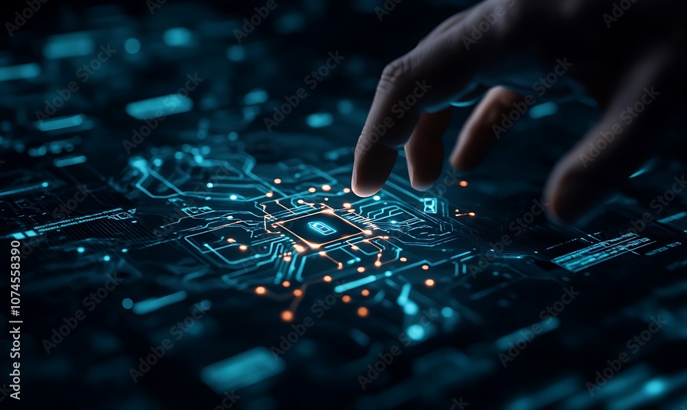 Poster a hand lightly touches a glowing circuit board, highlighting the intricate design of technology and 