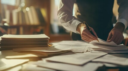 Lawyer providing business legal services, documents neatly laid out, professional environment,