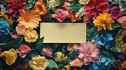 Vibrant floral arrangement with blank card for customized message Background with space for text