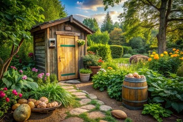 Tranquil Garden Scene Featuring a Wooden Shed, Pathway, and Rustic Barrel Filled with Fresh Potatoes - Perfect for Nature and Gardening Enthusiasts
