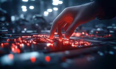 A close-up of a hand hovering over illuminated buttons on a dark, high-tech user interface, suggesting control and interaction with a digital system.