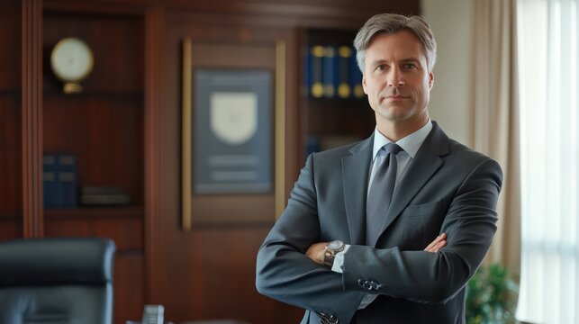 Lawyer providing expert services to clients, confident and approachable, office setup,