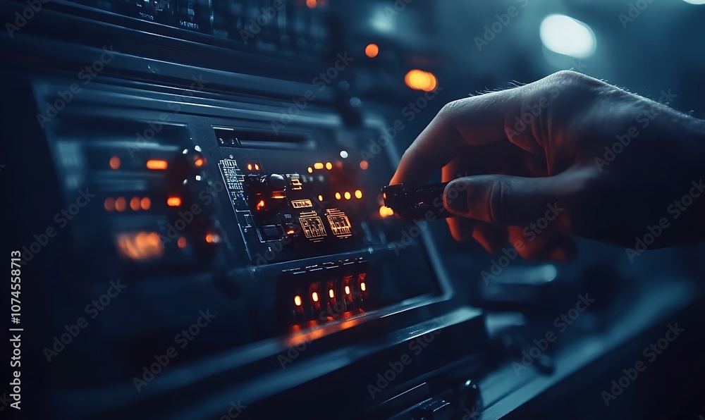 Poster A hand adjusts a control panel with glowing buttons in a dark, high-tech environment, suggesting an advanced technological setting.