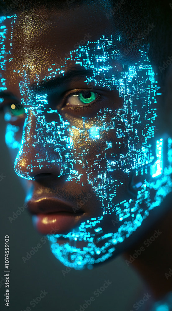 Poster a close-up shot of a person's face with a blue and green digital pattern projected onto it, highligh