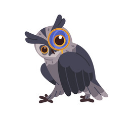 Eagle owl looking for, searches through magnifier. Wise bird does research, analysis. Owlet discovers, explores, learns with magnifying glass. Flat isolated vector illustration on white background