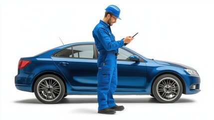 Mechanic in blue uniform checking diagnostics on a tablet, isolated on white, symbolizing precision auto repair