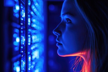 Woman checking server equipment in a data center