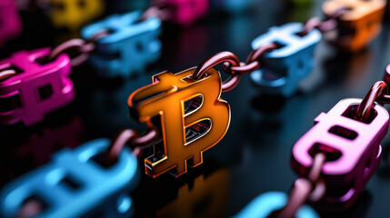 Colorful 3D visualization of blockchain technology featuring Bitcoin symbols linked together, showcasing innovation and digital currency