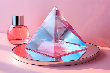crystal transparent pyramid with reflection near perfume bottle on round mirror on pink background