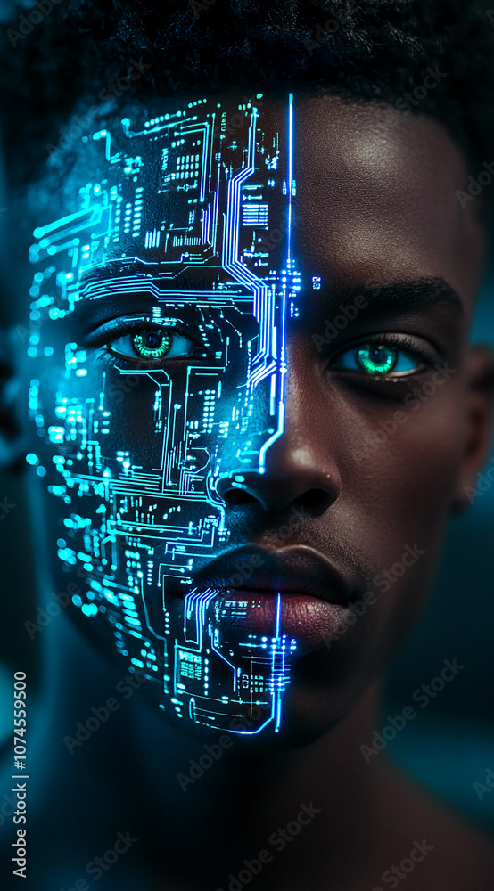 Poster A close-up portrait of a man with blue circuit board patterns overlaying his face. The neon blue lines and intricate circuitry create a futuristic, almost otherworldly effect