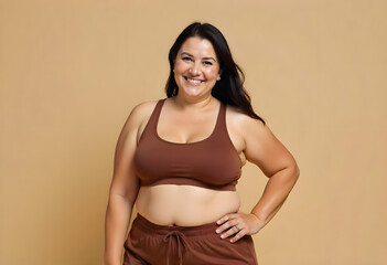 Obraz premium Beautiful overweight female model wearing fitness brown outfit, bra and leggings with her hands next to her body against a beige studio background