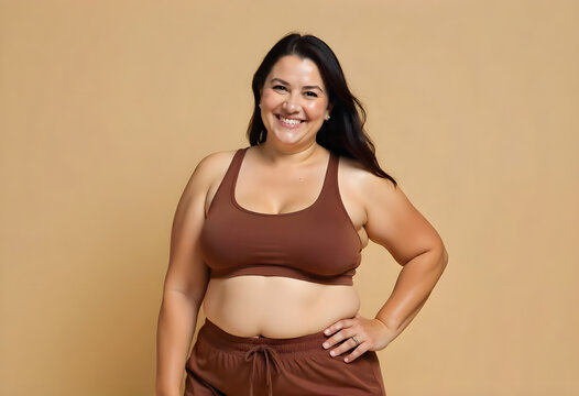 Beautiful overweight female model wearing fitness brown outfit, bra and leggings with her hands next to her body against a beige studio background