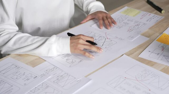 UX UI designer working on wireframes for a website and mobile app prototype, surrounded by sketches of user-flow and design tools, in concept of website and mobile application design concept.