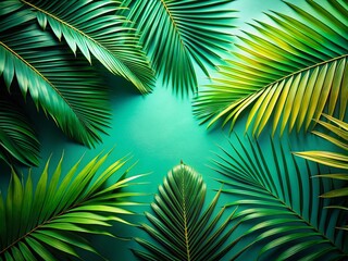 Fototapeta premium Tropical Palm Leaf Variation in Flat Lay with Toned Green Background and Copy Space for Text or Design Enhancement