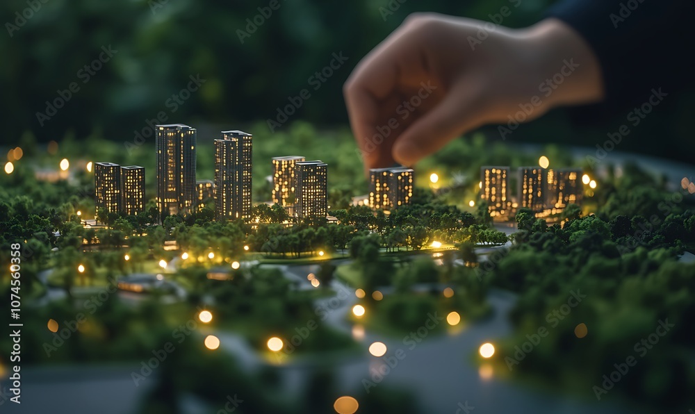 Poster a hand interacts with a miniature city model adorned with illuminated buildings and greenery, blendi