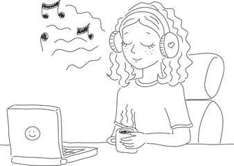 a happy girl with curly hair sits opposite a laptop on a table with her eyes closed holding a cup of coffee, listening to music from headphones drawn with black pen on white background