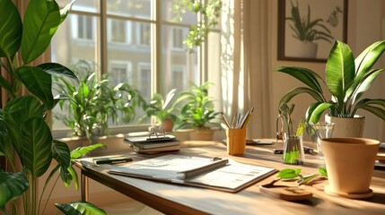 Fototapeta premium Personalized plant care plan for indoor plants, checklist and tools on a table, cozy home scene,