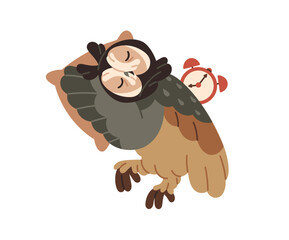 Cute asleep eagle owl lying on pillow. Tired night bird sleeps at day. Feathered animal with alarm clock naps, has a rest, relaxes at bedtime. Flat isolated vector illustration on white background