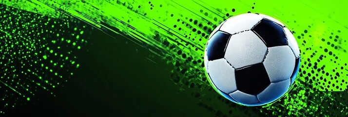 Naklejka premium Classic Soccer Ball, Dynamic Green Background. Vivid Abstract Sports Graphic With Copy Space