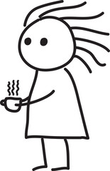 funny girl in dress with disheveled hair holding cup of coffee drawn with black pen on white background