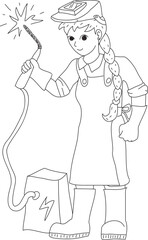 girl welder in welding mask in special work clothes holds welding machine drawn with black pen on white background