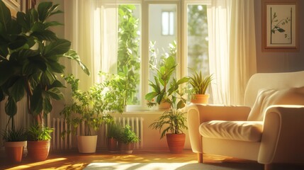 Plant care for compact apartment living, potted plants arranged by window, bright room,