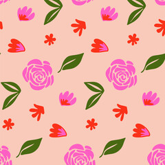 Playful Floral Pattern Featuring Vibrant Pink Roses, Red Flowers, and Green Leaves Against a Soft Peach Background, Ideal for Fabrics, Wallpapers, and Cheerful Design Projects