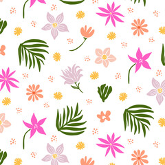 Charming Floral Pattern Featuring Vibrant Pink and Soft Pastel Flowers with Lush Green Leaves on a Clean White Background, Perfect for Stylish Textiles, Decor, and Seasonal Designs