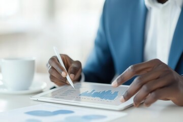 Fototapeta premium Business executive checking detailed efficiency metrics on tablet, high-detail cost-saving strategy