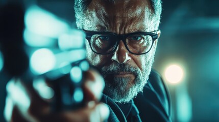 A stern-looking man with glasses intensely aims a pistol, conveying a mood of tension and focus, captured with dramatic lighting and a close-up angle.