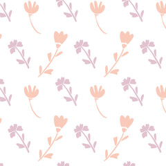 Charming Floral Pattern Featuring Delicate Peach and Lavender Flowers on a Crisp White Background, Ideal for Fabric, Wallpaper, and Various Creative Projects