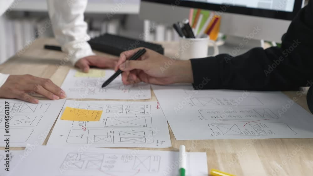 Poster ux ui designers discussing and brainstorming on wireframes for a website and mobile app prototype, i
