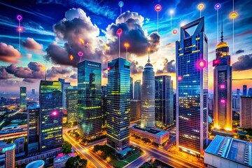 Urban Exploration Photography Depicting Cloud Computing and Data Management Concepts with Futuristic Architecture and Technology Integration in a Modern Cityscape