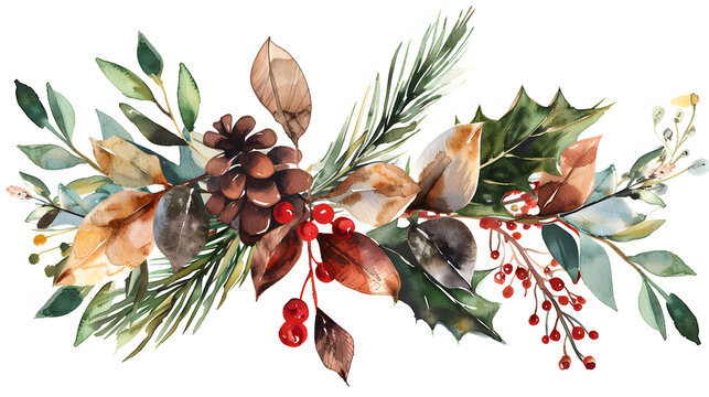 watercolor christmas foliage arrangement, berries, pinecone clip art preview