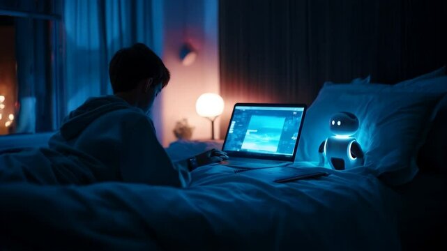 Teenager coding with a laptop at night, accompanied by a glowing AI robot, representing learning and development in artificial intelligence and technology. Video made using Generative AI.