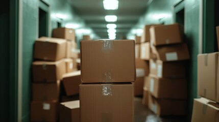 A corridor inundated with numerous large cardboard boxes stacked high, creating a cluttered look, likely representing a busy storage or moving scenario.