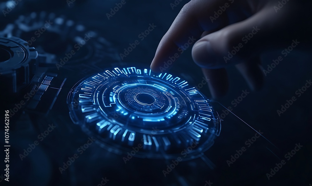 Poster A futuristic hand interacting with a glowing, high-tech interface, showcasing advanced technology and digital innovation.