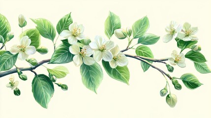 Elegant spring blossoms on branches with lush green leaves