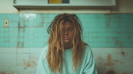 A tired woman wearing a green top sits in a worn-out, teal tiled room, with disheveled hair reflecting exhaustion and despair in an old, bleak environment.